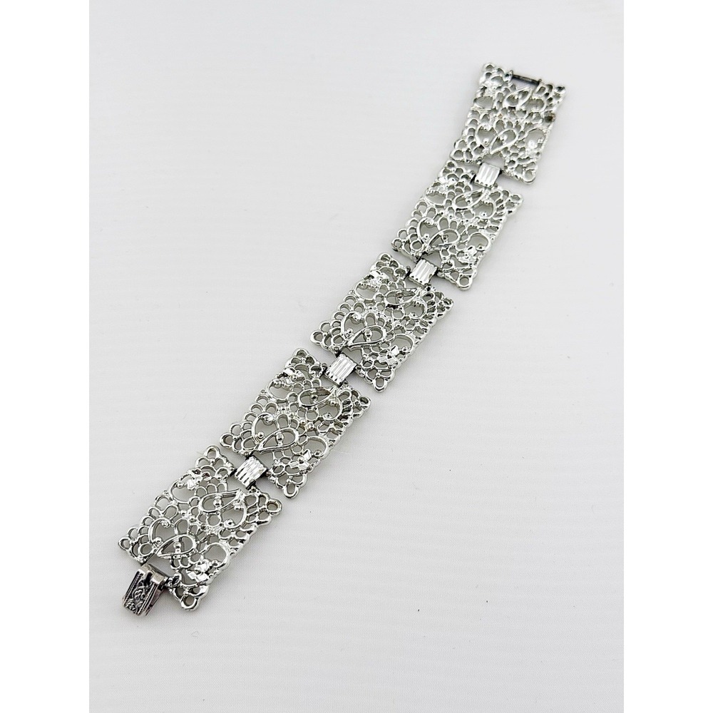 Vintage Emmons Silvertone Filigree Panel Link Bracelet. Frosted Lace Collection